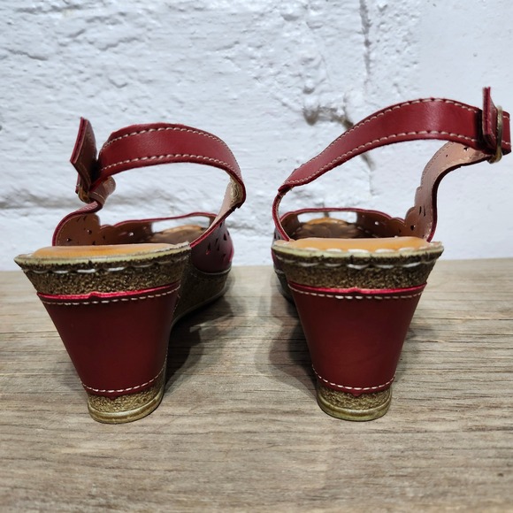Patrizia‎ by Spring Step Red Wedge Sandals Peep Toe Laser Cut Slingback Women 9 - Picture 6 of 10